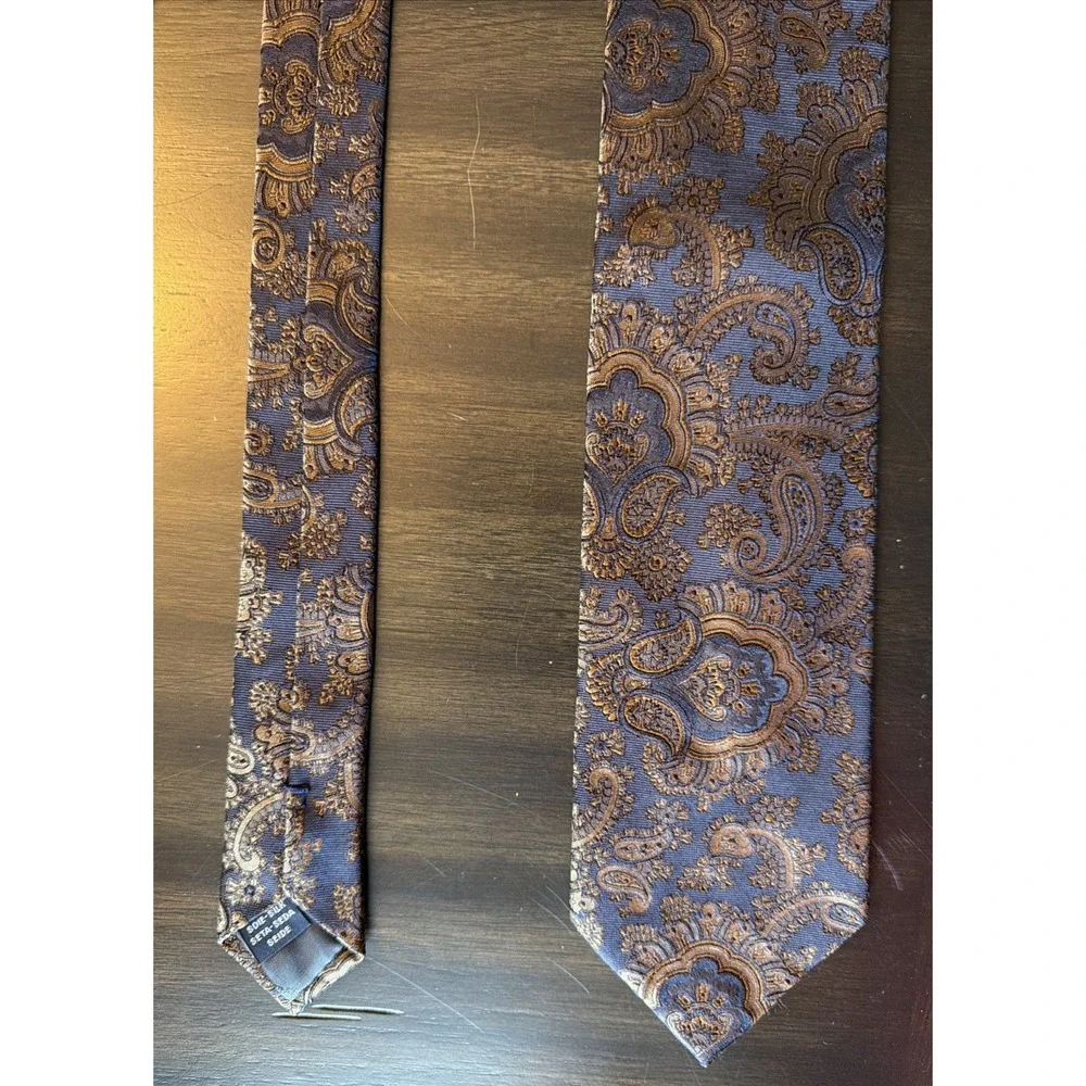 Vintage Faconnable Men's Tie 100% Silk Navy Brown Paisley Hand Made in Italy EUC